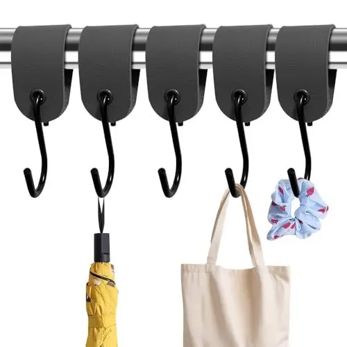 Produktbild: MUWINC S-Haken mit Lederband- 5 Stück Wandhaken für Kleiderstange aus Eisen mit Verstärkten Metallösen,für Kleiderschrank Organisation & Campingausrüstung(Schwarz)