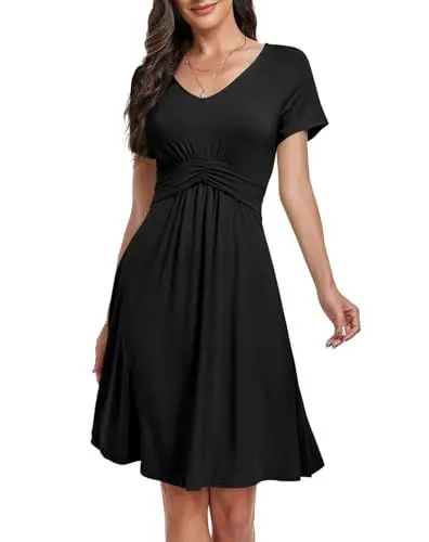 Produktbild: Muwodkdn Damen Sommerkleider V-Ausschnitt Damen T-Shirt Kleid A-line Strandkleid Knielang Retro Kleider Female Kleid Elegant Partykleid Rüschenkleid Freizeitkleid Schwarz M