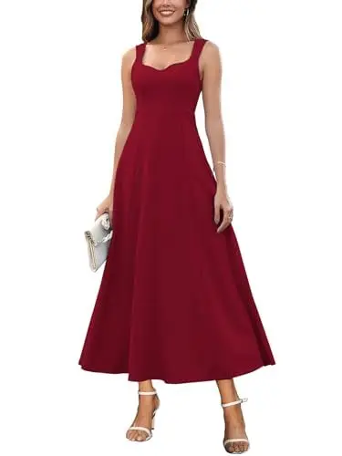 Produktbild: Muwodkdn Damen V-Ausschnitt Sommerkleider Ärmellos Kleider Casual A-Linie Maxi Kleider Elegantes Hochzeitsgast Abendkleider Geripptes Lockerer Maxikleid Brautjungfer Kleid Weinrot S