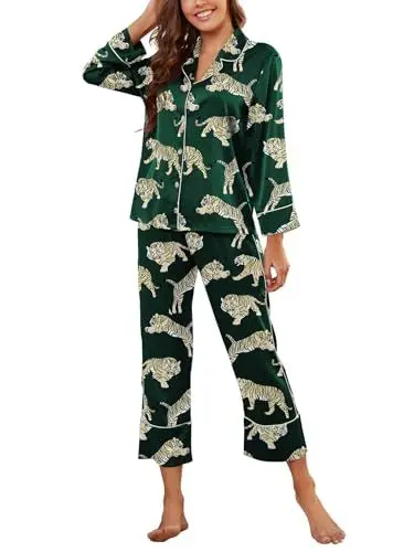 Produktbild: Muwodkdn Satin Schlafanzug Damen mit Knopfleiste Langarm Nachtwäsche V-Ausschnitt Seide Pyjama Set Zweiteiliger Nachtwäsche Hausanzug PJs Grün M