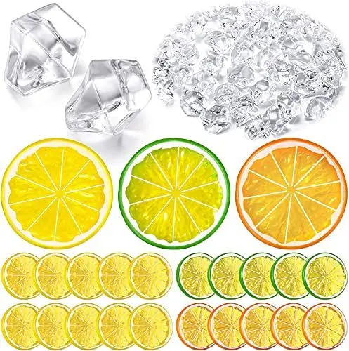 Produktbild: MUYAPAY 20 Stück Künstliche Zitronenscheiben, 200 Stück Klare Gefälschte Crush-Eiswürfel, Künstliche Früchte und Acryl-Diamant-Klares EIS für Party-Festival-Dekoration, Fotografie-Requisiten