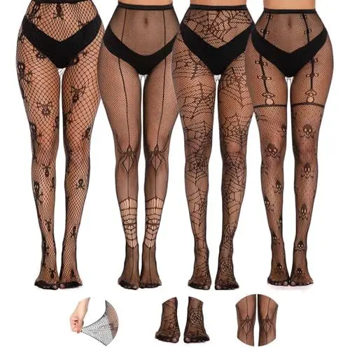 Produktbild: MUYAPAY 4 Paar Halterlose Strümpfe Damen, Elasthan Netzstrumpfhose Schwarz Hohe Taille Strumpfhosen Sexy Netzstrümpfe Oberschenkelhohe Socken Langer Netzstrümpfe Spitzenoberteil mit Totenkopfmuster