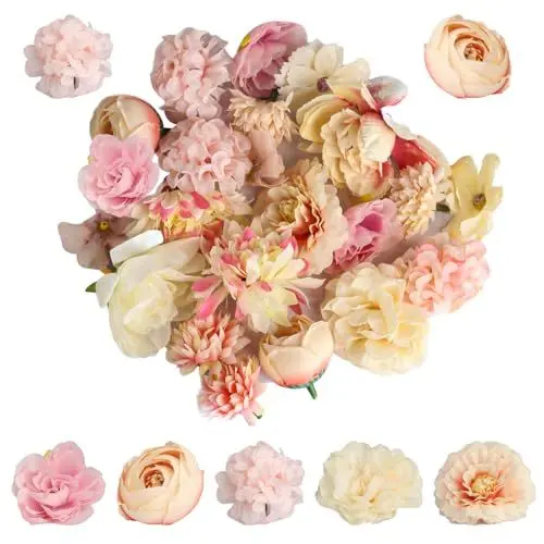 Produktbild: MUZHUPGUZ 21 Stück Kunstblumen zum Basteln, Künstliche Blumenköpfe, 4~8cm Weiß Rosa Kunstblumen Frühlingsblumen, Kunst Blumendeko Blumen Stoffblumen für DIY Handwerk Basteln Hochzeit Party Home Deko
