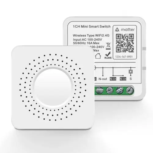 Produktbild: MVAVA Smart Schalter Supports Matter, Mini Wlan Smart Lichtschalter Relais Modul für Smart Home DIY Neutralleiter erforderlich, Kompatibel mit Home Assistant, Alexa, Google Home, 2,4GHz