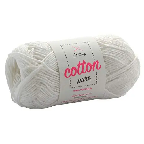 Produktbild: My Oma Baumwolle zum Häkeln Cotton Pure naturweiß (Fb 0100)- Baumwolle Garn Stricken + GRATIS Anleitung - 1 Knäuel weißes Baumwollgarn/weiße Baumwolle - 50g/125m - Nadelstärke 2,5-3,5mm