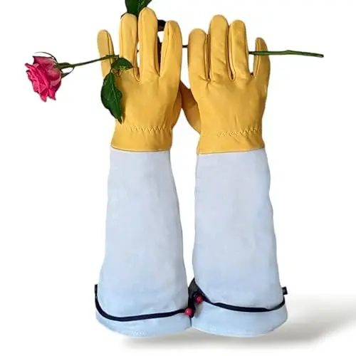Produktbild: My Oma Dornenfeste Rosenhandschuhe in Größe M, Lange Stachelschutz-Gartenhandschuhe aus Leder für Gartenpflege für Damen und Herren, Beschneiden von Rosen, Kakteen und Himbeeren, verstellbarer Bund