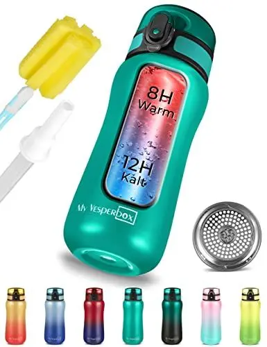 Produktbild: My Vesperbox – Thermo Minny - Edelstahl Trinkflasche auslaufsicher – mit Strohhalm oder Sieb - 400ml, 600ml – Robuste Edelstahl Wasserflasche für Kinder und Erwachsene (Türkis, 400 ml)