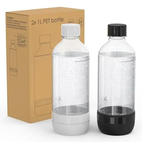 Produktbild: Mycket Soda Maker Flaschen, 2 x 1L Carbonating Bottles, BPA-frei Kohlensäureflaschen, Wiederverwendbare PET-Sprudelwasserflaschen, Ersatzflaschen für Soda-Maschine, Schwarz+Weiß