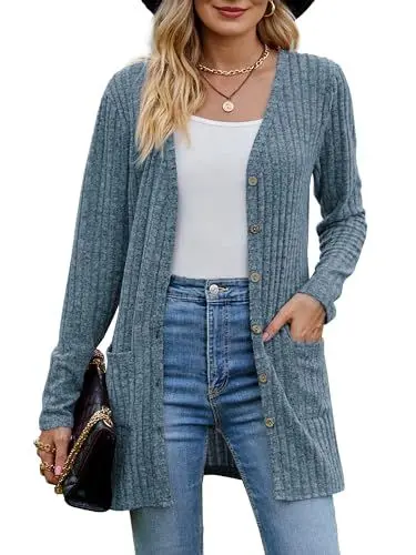 Produktbild: MYCOLORBLUE Alte Zeiten Strickjacken für Damen Elegant Cardigan Gerippt Langarm Knopfleiste mit Taschen Strickcardigan Blau XL