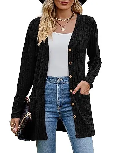 Produktbild: MYCOLORBLUE Alte Zeiten Strickjacken für Damen Elegant Cardigan Gerippt Langarm Knopfleiste mit Taschen Strickcardigan Schwarz XL