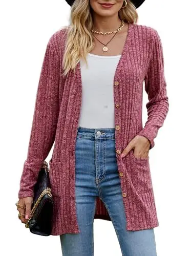 Produktbild: MYCOLORBLUE Alte Zeiten Strickjacken für Damen Elegant Cardigan Gerippt Langarm Knopfleiste mit Taschen Strickcardigan Wein XL