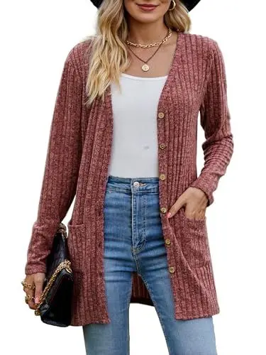 Produktbild: MYCOLORBLUE Alte Zeiten Strickjacken für Damen Elegant Gerippt Cardigan Langarm Knopfleiste mit Taschen Strickcardigan Rostrot L