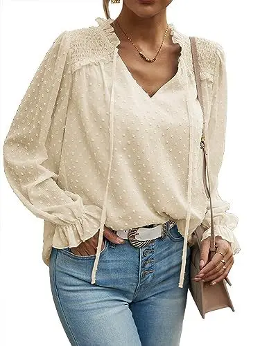 Produktbild: MYCOLORBLUE Blusen Tuniken für Damen Elegant Chiffon V-Ausschnitt Swiss Dot Puffärmel Doppellagig Dating Party Bluse Oberteile Aprikose L