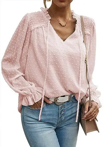 Produktbild: MYCOLORBLUE Blusen Tuniken für Damen Elegant Chiffon V-Ausschnitt Swiss Dot Puffärmel Doppellagig Dating Party Bluse Oberteile Rosa L
