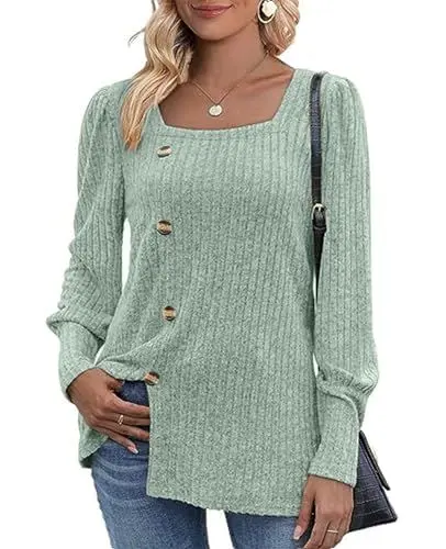 Produktbild: MYCOLORBLUE Damen Herbst Pullover Tunika Weich Stretch Langarm Deko Knöpfen Strickpullover T Shirt Hellgrün M