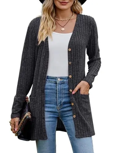 Produktbild: MYCOLORBLUE Strickjacken für Damen Elegant Gerippt Cardigan Langarm Knopfleiste mit Taschen Strickcardigan Dunkelgrau XL