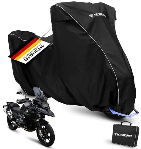 Produktbild: MYCOVER Motorrad Abdeckplane handgefertigt - Motorradabdeckung auch passend für BMW R1250GS Winterfest wasserdicht reißfest & robust Motorradplane Outdoor - Größe XL+ (L245xB110xH145)