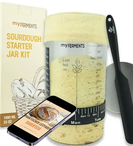 Produktbild: myFERMENTS Sauerteig Starter Set Deluxe: 1000ML Sauerteig Glas Jar Silikonspatel & Messband - Ideal für Perfekten Bread Maker - Mit praktischem Leitfaden zum Herunterladen