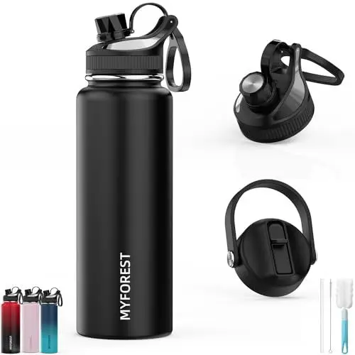 Produktbild: MYFOREST 680/1000ml isolierte kleinen/großen Schluckwasser 2 Deckeln Trinkflasche mit abnehmbarem Strohhalm/100% spülmaschinenfest/auslaufsicher/BPA-frei/Oberer Griff/kalt kohlensäurehaltige Getränke