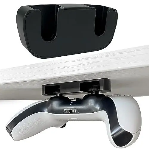Produktbild: MyGadget 2X Halterungen PS5 / PS4 Controller unterm Tisch - 2 x Befestigungmethoden (Kleben oder Schrauben) - Horizontale Tischhalterung - Ständer in Schwarz