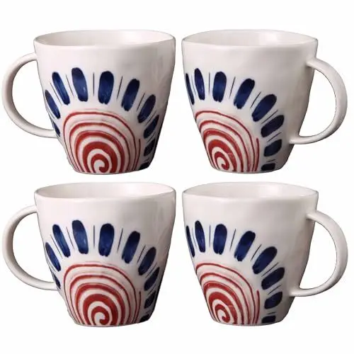 Produktbild: myGrtfam Handgefertigtes Keramikbecher-Set mit Sonnenmotiv, 425 ml, 4 Stück (425 ml x 4, Sonne)