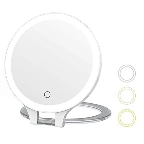 Produktbild: MYIAMO Schminkspiegel mit 10-facher Vergrößerung und Lichtern - Doppelseitig Beleuchteter Kosmetikspiegel mit 3 Lichtfarben, Tischspiegel mit Verstellbarem Klappgriff, Weiß