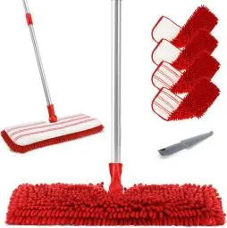Produktbild: Myiosus Bodenwischer Set, Wischmopp mit 127cm Einstellbar Handgriff, Flachmopp mit 4 Waschbaren Chenille Wischpads, Wischer Boden für Hartholz,Fliesenboden, Laminat, Senden 1 Schaber, Rot