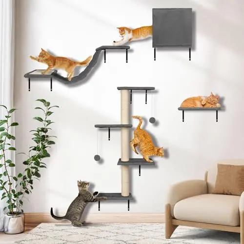 Produktbild: Myiosus Kletterwand Katzen, 10-teilig Katzen Kletterwand Set, Stabiles Kratzbaum Wand, Plüsch-Wandkratzbaum, Katzenmöbel mit Katzenhaus, Katzenbrücke, Kratzbaum mit Hängeball, Bequem Katzenliege