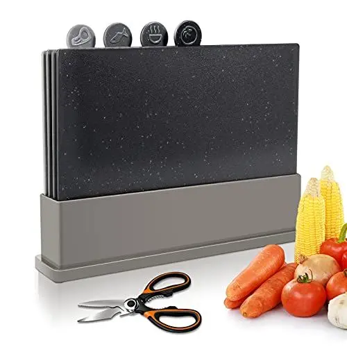 Produktbild: Myiosus Schneidebrett kunststoff, 4-teiligs Schneidebretter Set mit Ständer, BPA Frei, kratzfeste Cutting Board, Spülmaschinenfest Frühstücksbrettchen, Index Küchenbrett für Fleisch Gemüse Obst