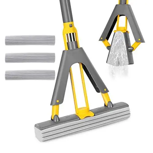 Produktbild: Myiosus Wischmopp mit Auswringfunktion, Schwamm Bodenwischer mit 3 Wiederverwendbar PVA Schwamm-Kopfe, Saugfähig Wischer, Schwammwischer mit 130cm Stiel, Sponge Mop für Fliesen Marmor Laminat Hartholz