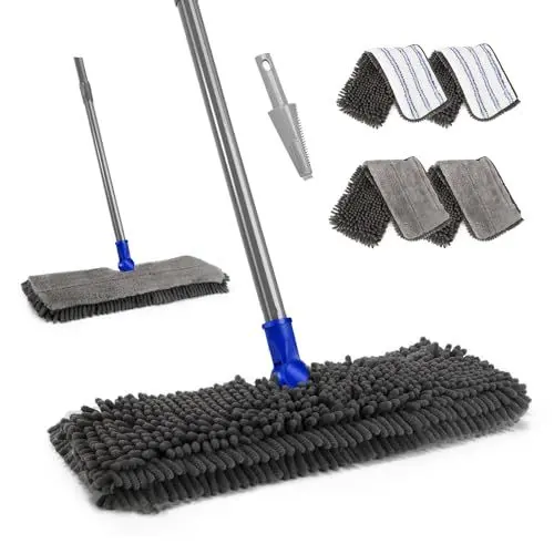 Produktbild: Myiosus Wischmopp, Bodenwischer, Chenille Flachmopp mit 4 Doppelseitigen Wischpads, 127cm Wischer Boden mit 360° Drehkopf, Mikrofaser bodenwischer Set für Hartholz Laminat Fliesen, Senden 1 Schaber