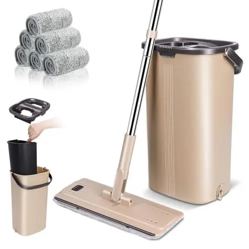 Produktbild: Myiosus Wischmopp Set mit Eimer, Wischmopp, Bodenwischer mit 6 Mikrofaser Pads, 360° Flachmopp mit Edelstahlgriff, Platzsparend, Tragbarer Putzeimer Wischmopp mit Auswringfunktion für Alle Böden