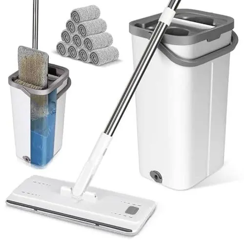 Produktbild: Myiosus Wischmopp Set mit Eimer, Putzeimer mit Wischmop, Bodenwischer mit Auswringfunktion, 5 Mikrofaser Wischpads Enthalten, Wischer Set für Hartholz Fliesen Marmor Laminat