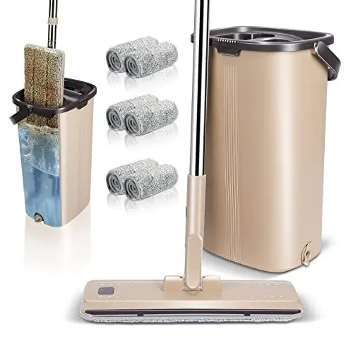 Produktbild: Myiosus Wischmopp Set mit Eimer, Putzeimer mit Wischmop, Bodenwischer mit Auswringfunktion, 6 Mikrofaser Wischpads Enthalten, Wischer Set zum Reinigen von Hartholz Fliesen Parkett Marmor Laminat