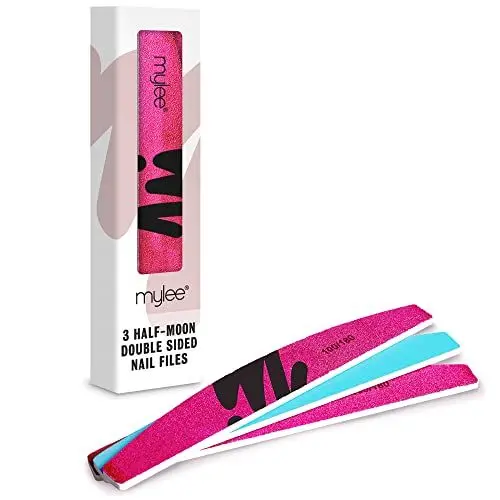 Produktbild: Mylee Doppelseitige Halbmond-Nagelfeile, Körnung 100/180, Salon-Qualität, professionelles Maniküre-Werkzeug, Verwendung auf natürlichen Nägeln oder Extensions, 3 Stück