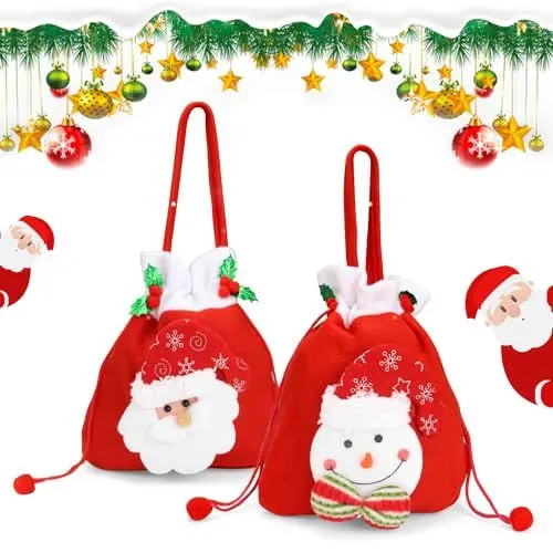 Produktbild: 2 Stück Weihnachten Geschenkbeutel, MYLERCT Nikolaussack mit Kordelzug und Bommeln, Säckchen für Süßigkeits, Weihnachten Säckchen für Weihnachten Geschenkverpackungen(Schneemann, Weihnachtsmann)