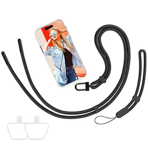 Produktbild: mylovetime Handykette, Universal Handyband zum Umhängen kompatibel mit meisten Smartphones 1 Halsband + 1 Handschlaufe verstellbar und abnehmbar Schwarz