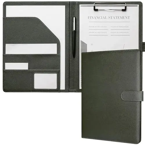 Produktbild: Mymazn Klemmbrett A4 mit Deckel, Mappe A4 Schreibmappe Klemmbrettmappe, PU-Leder Konferenzmappe A4 mit Dokumentenfächern, Stiftehalter und Magnetverschluss (Olivgrün)
