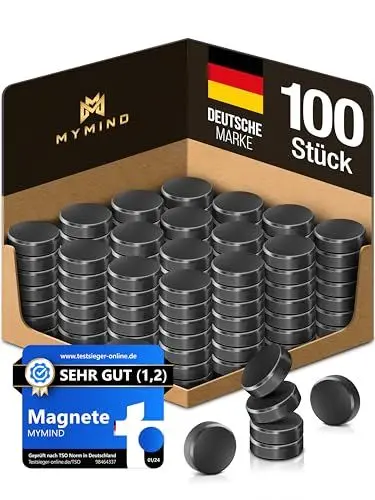 Produktbild: MYMIND® Magnete für Magnettafel (EXTRA STARK) - 100x Starke Magnete für Whiteboard, Pinnwand & Kühlschrank - Kleine Magnete schwarz - Magnete Kühlschrank kein zerkratzen - Tafel Magnet klein 18x5mm