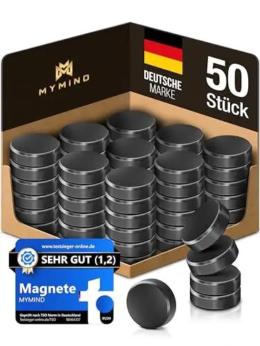 Produktbild: MYMIND® Magnete für Magnettafel (EXTRA STARK) - 50x Starke für Whiteboard, Pinnwand & Kühlschrank - Kleine Schwarz - Kein Zerkratzen - Tafel Magnet Klein 18x5mm
