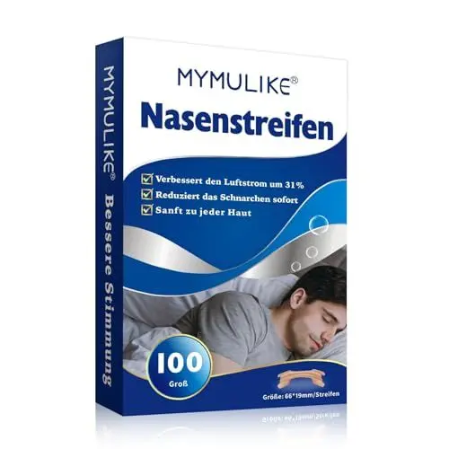 Produktbild: MYMULIKE Nasenpflaster Schnarchen, 100 Stück Nasenpflaster Besser Atmen, Anti Schnarch Nasenpflaster für Sport und Schlaf, Lindert Verstopfte Nase Aufgrund von Erkältungen, Allergien