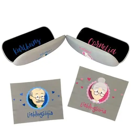 Produktbild: Myoma personalisierte Brillenetuis für Oma und Opa, hochwertige Hartschalen-Brillenetuis mit Brillenputztuch und Karte, sicheres Aufbewahren der Brillen, individuelles Geschenk für Großeltern