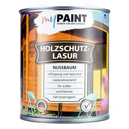 Produktbild: MyPaint Holzschutzlasur Außen 750 ml – Nussbaum - Wetterfeste Holz Lasur für außen. Mit UV-Schutz. Ideal für Gartenmöbel & Zäune. Professioneller Außenschutz gegen Feuchtigkeit & Sonne