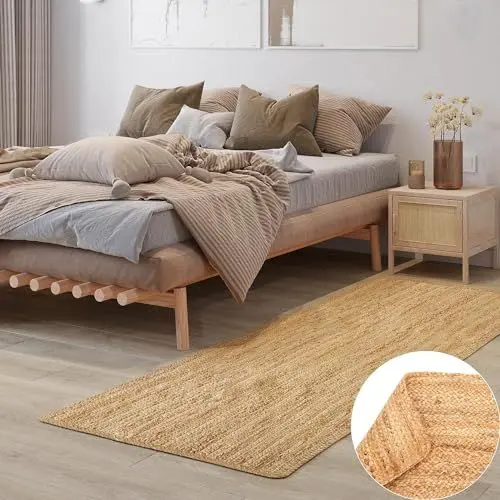 Produktbild: MY-RUG Großer Jute Läufer Teppich Nitin 350 x 80 cm - Rechteckig, handgewebt, Natur, robust und handgemacht, Juteteppich Eingangsbereich im Boho Style