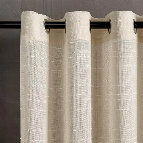 Produktbild: MYSKY HOME Gardine Vorhänge mit Ösen Gardinen Weiss Streifen Vorhang Kurz Wohnzimmer Schlafzimmer 2er Set Halbtransparent Voile Curtains for kinderzimmer, H 160 x B 140 cm, Beige.