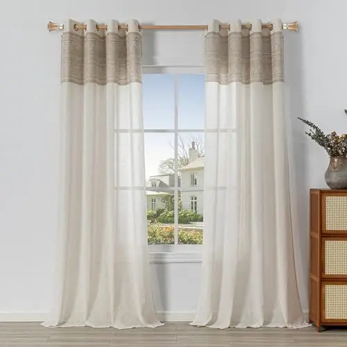 Produktbild: MYSKY HOME Vorhang Gardinen Wohnzimmer Boho Vorhänge mit Ösen 2er Set Gardine Leinenoptik H 245 x B 140 cm Natürlicher Stil Halbtransparent Geometrisches Muster Curtains, Braun