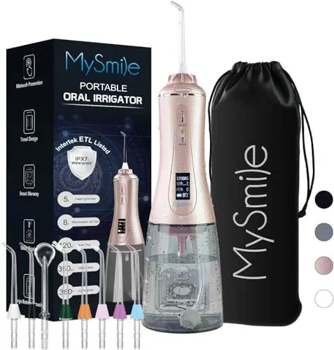 Produktbild: MySmile Leistungsstarke kabellose Munddusche, tragbare Munddusche mit 5 Modi OLED-Display, 8 austauschbaren Düsenspitzen und 350 ml abnehmbarem Wassertank für den Heimgebrauch (Roségold)