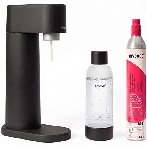 Produktbild: Mysoda : Pack Woody - Sprudelwassermaschine aus erneuerbarem Holzverbundwerkstoff mit BPA-freier Quick-Lock PET-Flasche und CO2-Zylinder (schwarz)