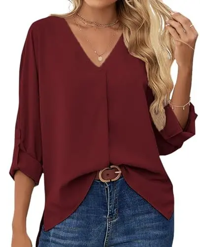 Produktbild: MYSSUCI Chiffon Damen Bluse 3/4 Ärmel V Ausschnitt Damen Oberteil Elegant Locker Shirt Tunika Tops