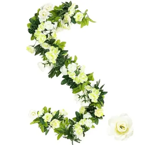 Produktbild: MytaYt 2 Stück Weiß Blumengirlande Rosen 2.4m Rose Girlande Gefälschte Hängende Blumengirlanden Seidenblumen Hängend Kunstblumen Für Hochzeitsbogen Garten Wand Home Dekoration